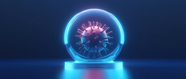 新冠病毒在透明球体中的三维渲染图