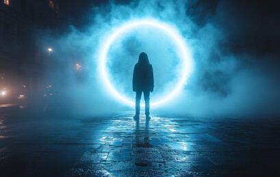 科技感蓝色光环前的人物背影