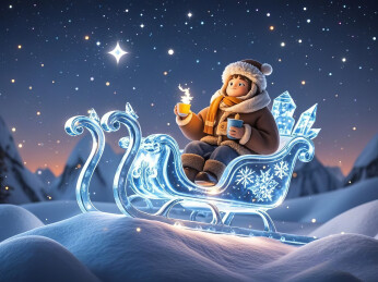 冬日水晶雪橇上的旅行者拿着热咖啡