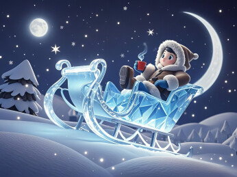 冬日水晶雪橇上的旅行者拿着热咖啡