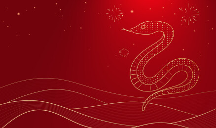 春节背景设计线性蛇图案和烟花