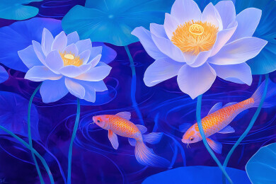 荷花锦鲤唯美插画