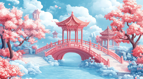 云顶山仙宫建筑和粉色桃花林