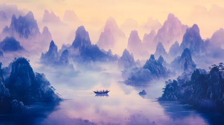 仙境山水画卷清晨薄雾