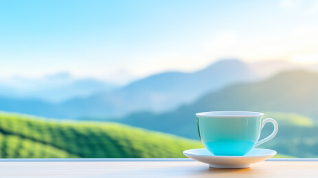 一张木桌上放着一杯茶