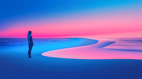 女孩海边日落剪影梦幻场景