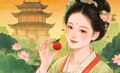 古风美女建筑荷花插画