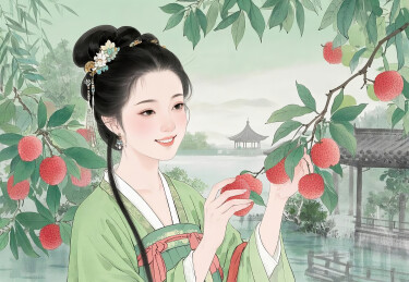 中国风美女荔枝建筑湖面插画
