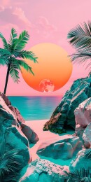 热带日落海滩棕榈树风景插画
