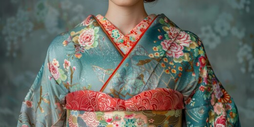 身穿印有花卉图案和服的女性特写