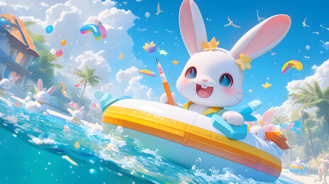 可爱兔子夏日海滩漂流