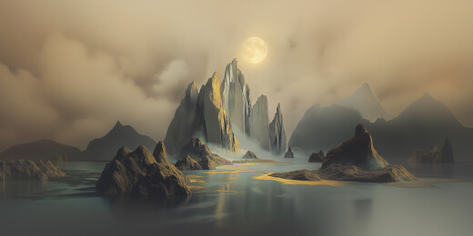 工笔山水画金箔岩彩山水场景