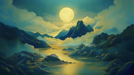 工笔山水画金箔岩彩山水场景