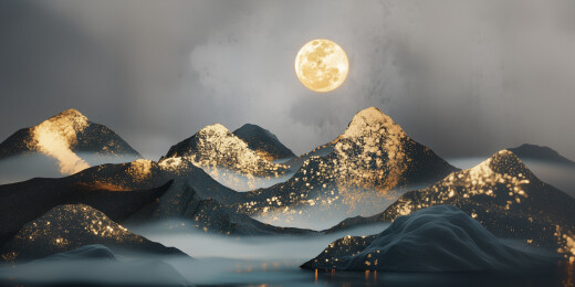 工笔山水画金箔岩彩山水场景