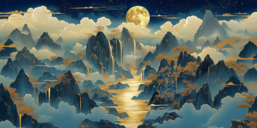 工笔山水画金箔岩彩山水场景