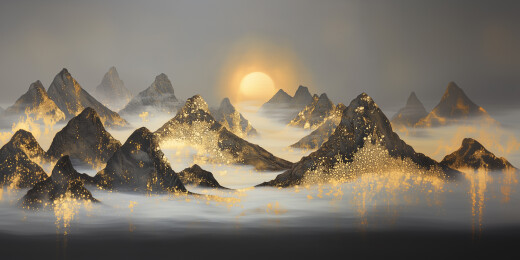 工笔山水画金箔岩彩山水场景