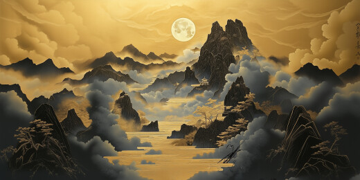 工笔山水画金箔岩彩山水场景