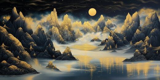 工笔山水画金箔岩彩山水场景