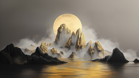 工笔山水画金箔岩彩山水场景