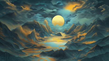 工笔山水画金箔岩彩山水场景