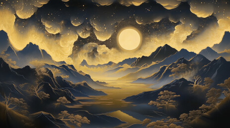 工笔山水画金箔岩彩山水场景