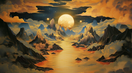 工笔山水画金箔岩彩山水场景