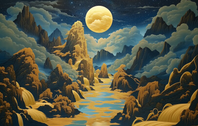 工笔山水画金箔岩彩山水场景