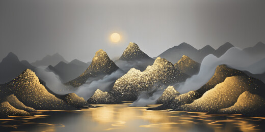 工笔山水画金箔岩彩山水场景