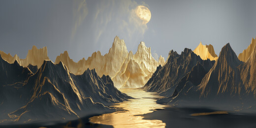 工笔山水画金箔岩彩山水场景