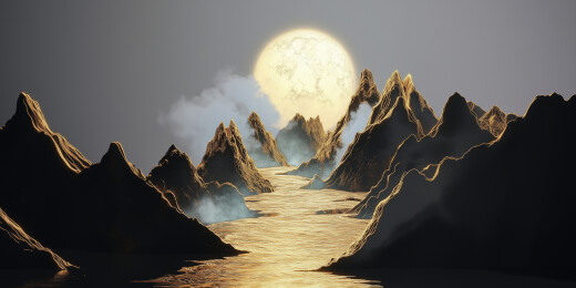 工笔山水画金箔岩彩山水场景