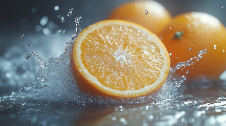 切开的橙子在水中击落飞溅出清新的水花