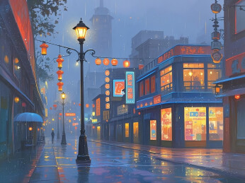 雨夜街景灯笼