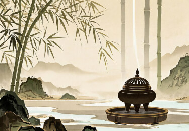 中国风香炉竹叶山水插画