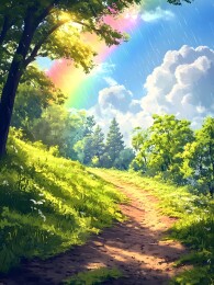 雨后天晴的彩虹与绿意
