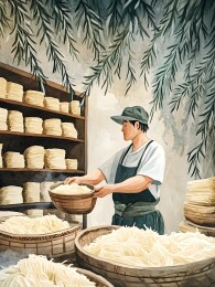 刀削面馆中师傅削出柳叶般面条
