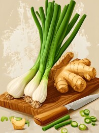木质砧板上的葱花与姜块
