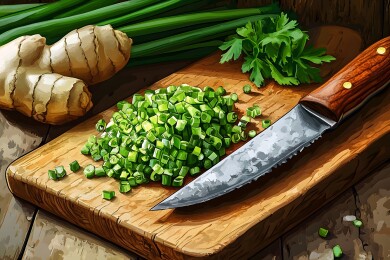 木质砧板上的葱花与姜块