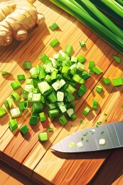 木质砧板上的葱花与姜块