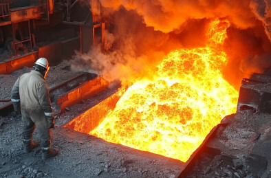 一个钢铁厂炼钢的工作场景