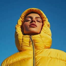 明媚阳光下的黄色羽绒服