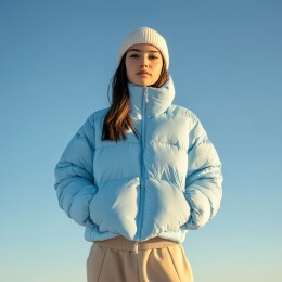 轻盈蓝羽绒服冬日穿搭