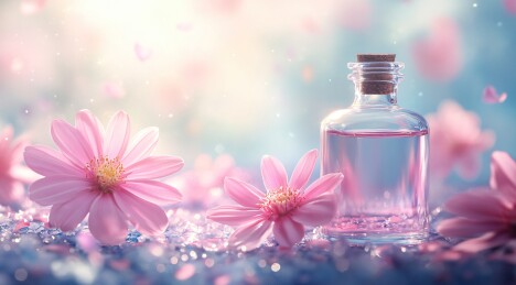 粉色花朵与精油瓶