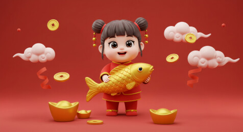 抱着鲤鱼的福娃3D渲染