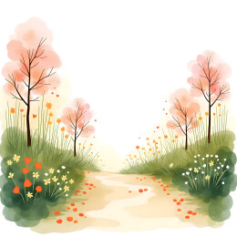 春天小路两旁开满鲜花水彩插画