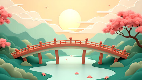 春日河水小桥绿色调插画