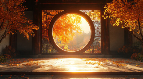 夕阳下的仿古圆拱形拱门