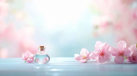 粉色花瓣与精油瓶