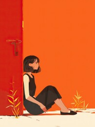 坐在地上的女孩肖像插画