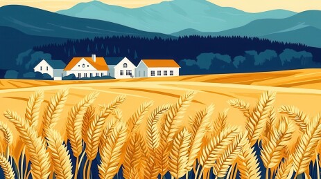 金色麦田与山峦农舍