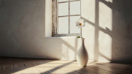 阳光下的白花与瓷瓶